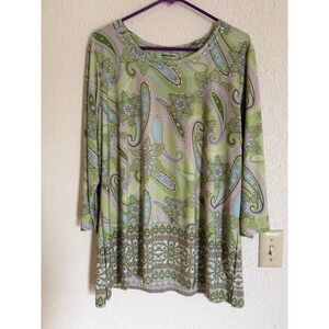 Allison Daley Woman Green Paisley Rhinestone Tunic Top Plus Size 1X Long Sleeve